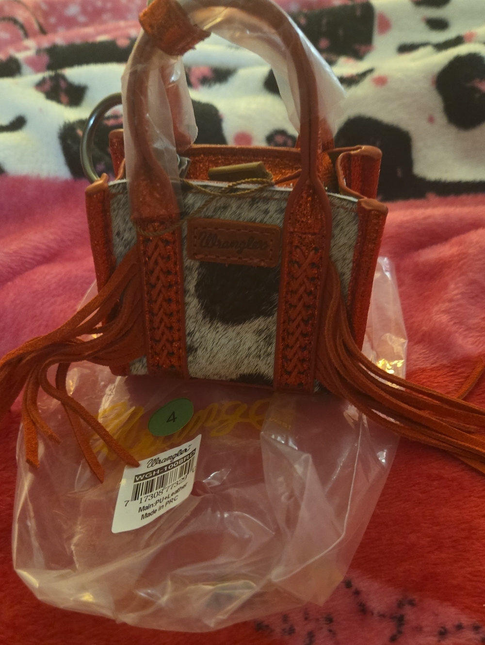 Wrangler RED SPARKLE silver Accent Fringe Mini Tote with Cowhide.